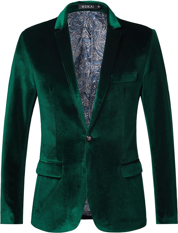 WZIKAI Mens Velvet Blazer One Button Slim Fit Solid Fashion Suit Jacket ...