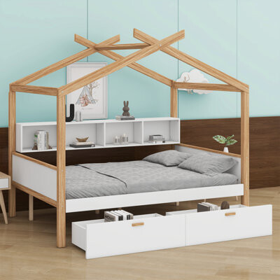Harper Orchard Wooden House Bed With Two Drawers And Bookshelf Storage Space