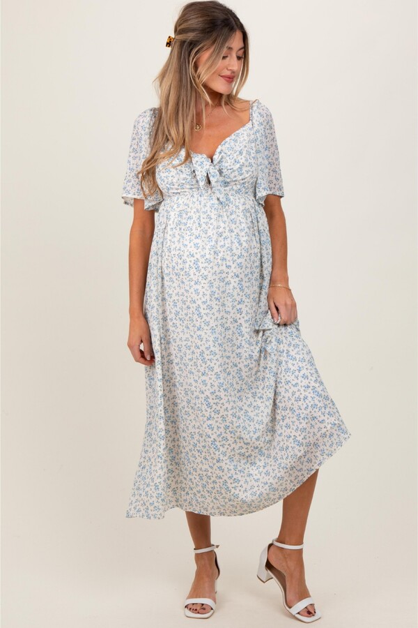 Pinkblush Maternity Blue Floral Front Tie Midi Dress