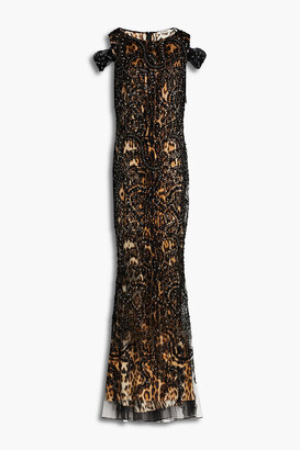 Roberto Cavalli Cold-shoulder embellished leopard-print cotton-blend tulle gown