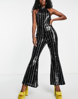 Topshop stripe sequin jumpsuit in black - ShopStyle