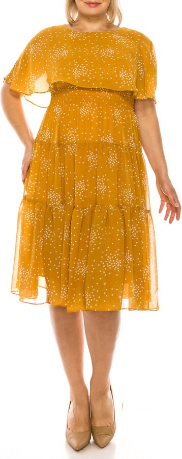 Maison Tara Dot Print Sleeveless Cape Tiered A-Line Midi Dress In Golden Spice White