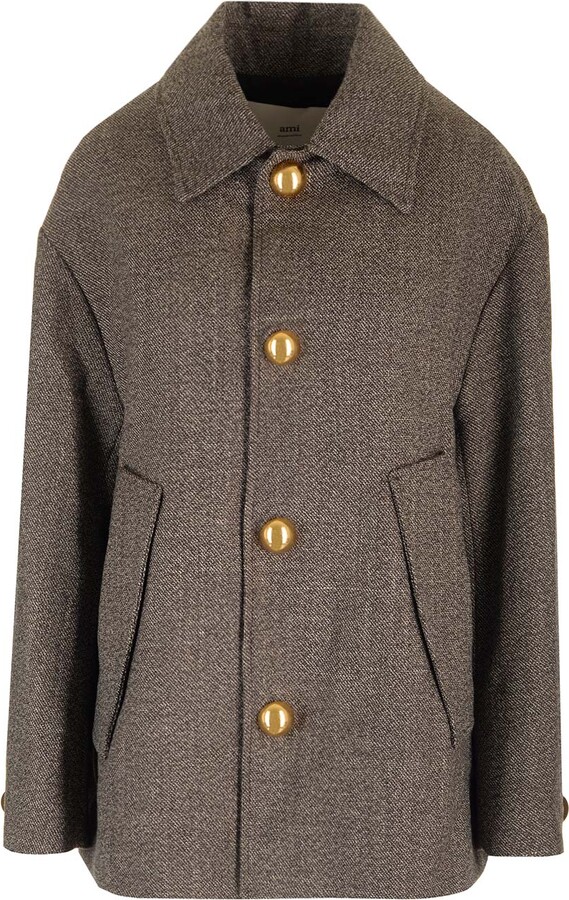 Ami Wool And Cotton Caban Coats Brown