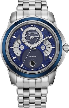 Zales Men’s Citizen Eco-Drive® Dress Classic Calendrier Chronograph Watch with Blue Dial (Model: Bu0088-51H)