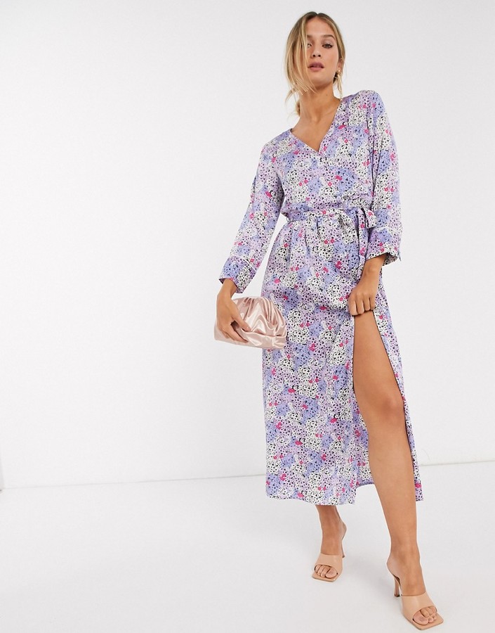 Vero Moda wrap maxi dress with tie side in blue floral - ShopStyle