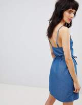 Thumbnail for your product : ASOS Design DESIGN denim wrap slip dress in midwash blue