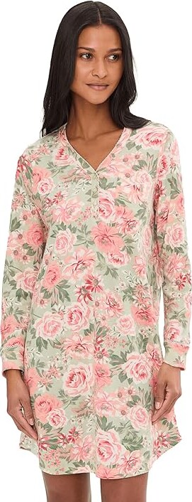 Karen Neuburger Vintage Dreams Long Sleeve Nightgown With Picot Trim Women's Clothing Forest Rose : XL (Women's 18-20) Cotton/Polyester