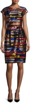 Escada Cap-Sleeve Brushstroke-Print Dress, Multi Colors