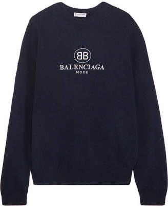 Balenciaga Embroidered Stretch Wool And Cashmere-blend Sweater - Navy