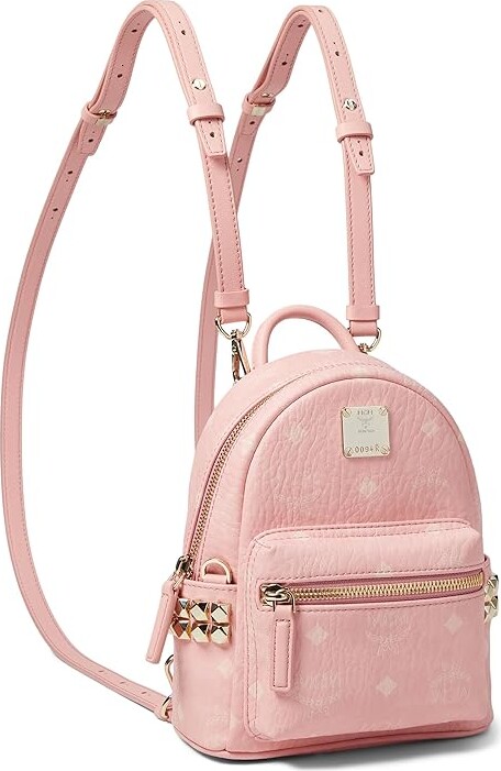 MCM Stark Bebe Boo Studded Mini Visetos Logo Leather Backpack Bag Pink