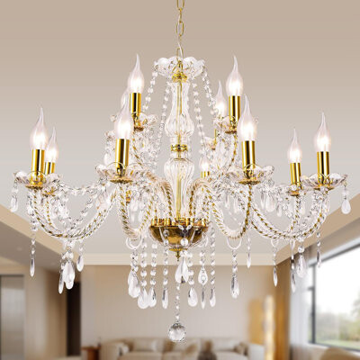 Modern Elegant 12 Lights K9 Crystal Glass Chandelier Golden Pendant Ceiling Lighting European Style For Dining Living Room Bedroom Transparent,12 E12