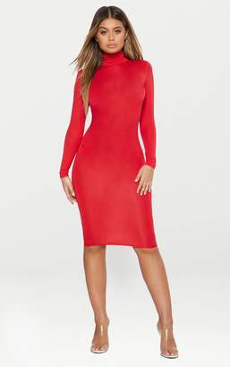 PrettyLittleThing Basic Red Roll Neck Midi Dress