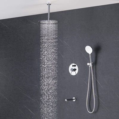 KIBI Circular Pressure Balanced Ceiling Mounted 3-Function Shower System with Rough In Valve