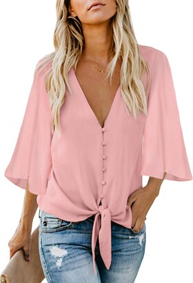 Ecrocoo Womens Casual Button Down V Neck Summer Blouses Chiffon T-Shirt  Flare Bell Sleeve Self Tie Knot Flowy Tops Pink M - ShopStyle