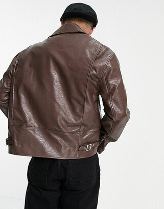 ASOS DESIGN faux-leather biker jacket in brown