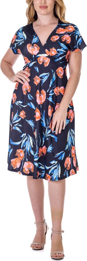 24seven Comfort Apparel Tulip Print V Neck Empire Waist Kimono Cap Sleeve Knee Length Dress