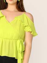 Thumbnail for your product : Shein Plus Neon Lime Cold Shoulder Tie Side Ruffle Top