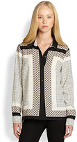 Thumbnail for your product : Bina Leather-Collared Scarf-Print Blouse