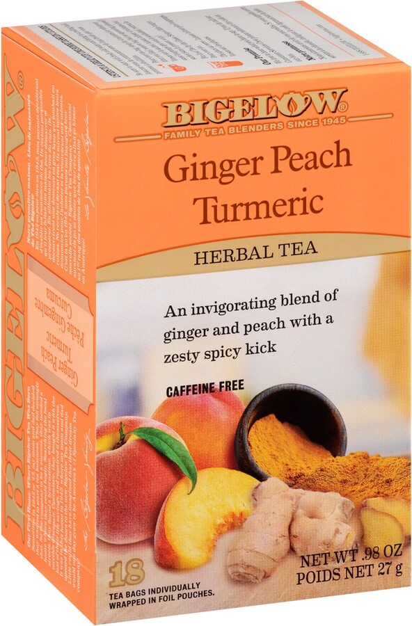 Bigelow Ginger Peach Turmeric Tea Bags, Caffeine Free, 18 ct, 0.98 oz