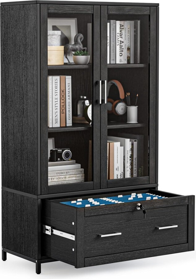 EPOWP Wood Lateral File With Lock, Bookshelf With Doors and