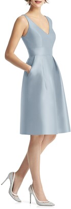 Alfred Sung V-Neck Sleeveless Sateen Twill Cocktail Dress w/ Pockets