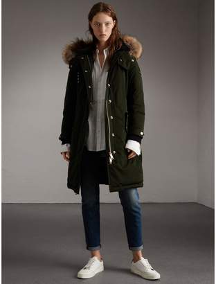 Burberry Down-filled Parka Coat with Detachable Fur Trim , Size: 12, Green