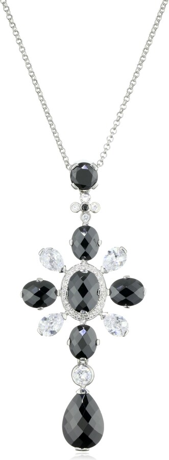 Giorgio Martello Sterling Silver Rhodium Plated Black Cubic Zirconium Cross Necklace