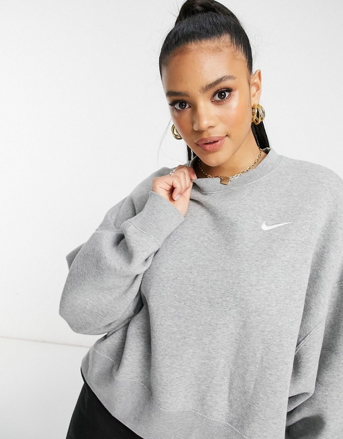 Nike mini swoosh oversized cropped sweatshirt in light gray - ShopStyle