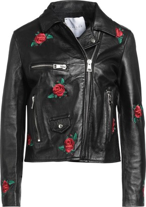 DFGHN Floral Embroidery Faux Leather Jacket for Women Long Sleeve Beaded  Spring Slim Biker Jacket PU Coat,Black,L
