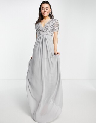 Goddiva lace detail maxi dress with full skirt in silver