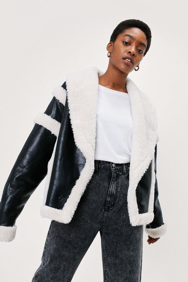 black leather jacket with white fur inside