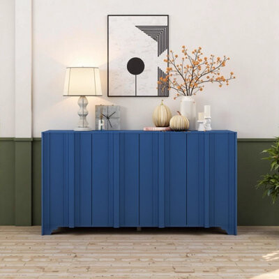 Sophisticated 4-Door Navy Blue Sideboard with Intricate Linear Accents and Pine Veneer, American Traditional MDF Storage Cabinet for Living Room, Entr
