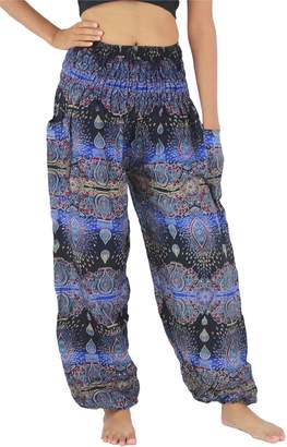 NaLuck Women’s Boho Hippie Elephant Jumpsuit Smocked Waist Yoga Harem Pants PJ02