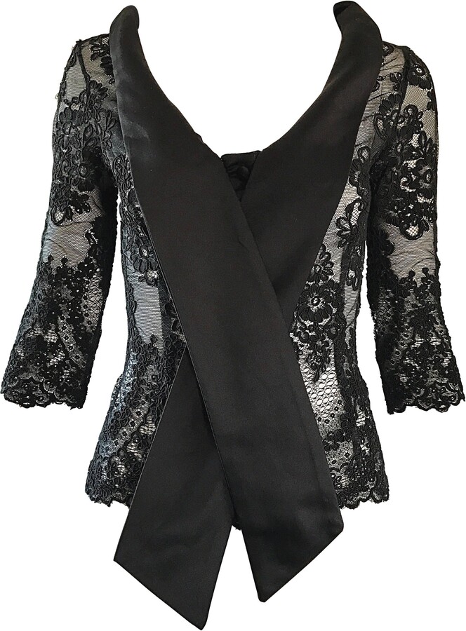 Vintage Rose Taft Couture 1990s Black Chantilly French Lace 3/4 Sleeve Blouse