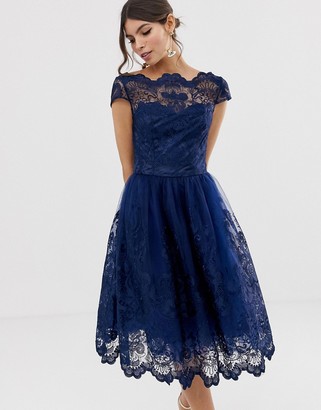 Chi Chi London premium lace midi dress with cap sleeve in navy - ShopStyle