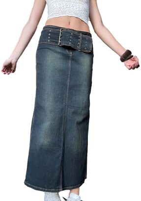 Cslada Y2K Aesthetic Retro Low Waist Long Denim Skirt Vintage 90s Belted  Skirt Women Outfits Streetwear - ShopStyle