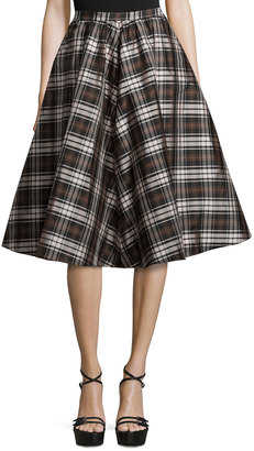 Michael Kors Collection High-Waist Plaid Full Skirt, Black/Nutmeg