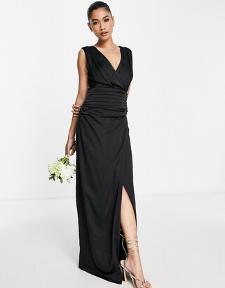 Liquorish Bridesmaid satin wrap front maxi dress with wrap skirt in black