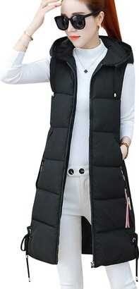 TYQQU Ladies Fitting Gilet Hooded Jacket Windproof Long Quilted Sleeveless Jacket with Pockets Pure Red L