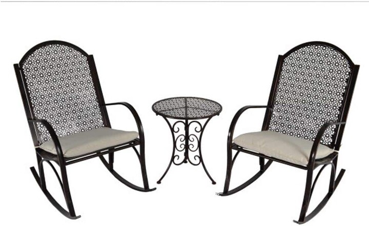 Tortuga Outdoor Garden Metal Patio Rocking Chair Set with Tan Cushions and Outdoor Side Table (3-Piece Patio Furniture Bundle)