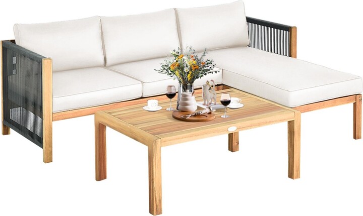 Sugift 3 Pieces Patio Acacia Wood Sofa Conversation Sets with Nylon Rope Armrest