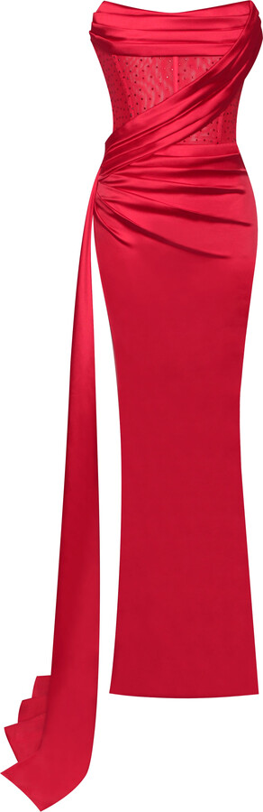 Miss Circle New York Holly Red Crystallized Corset High Slit Satin Gown