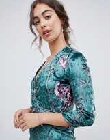 Thumbnail for your product : Hope & Ivy long sleeve wrap front velvet midi dress in bird print
