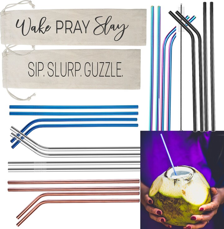 Trendy Straw Sets, Eco-Friendly Gift Ideas For Her, Travel Straws, Metal Straws in Rainbow, Black, Rose Gold, Blue & Silver, with Bag
