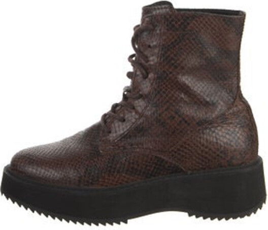 Rachel Comey Snakeskin Ankle Combat Boots Brown Animal Print Round-Toes Platform Lace-Up Closure at Uppers Unfortunately due to restrictions this item may not be eligible for shipping in all areas.