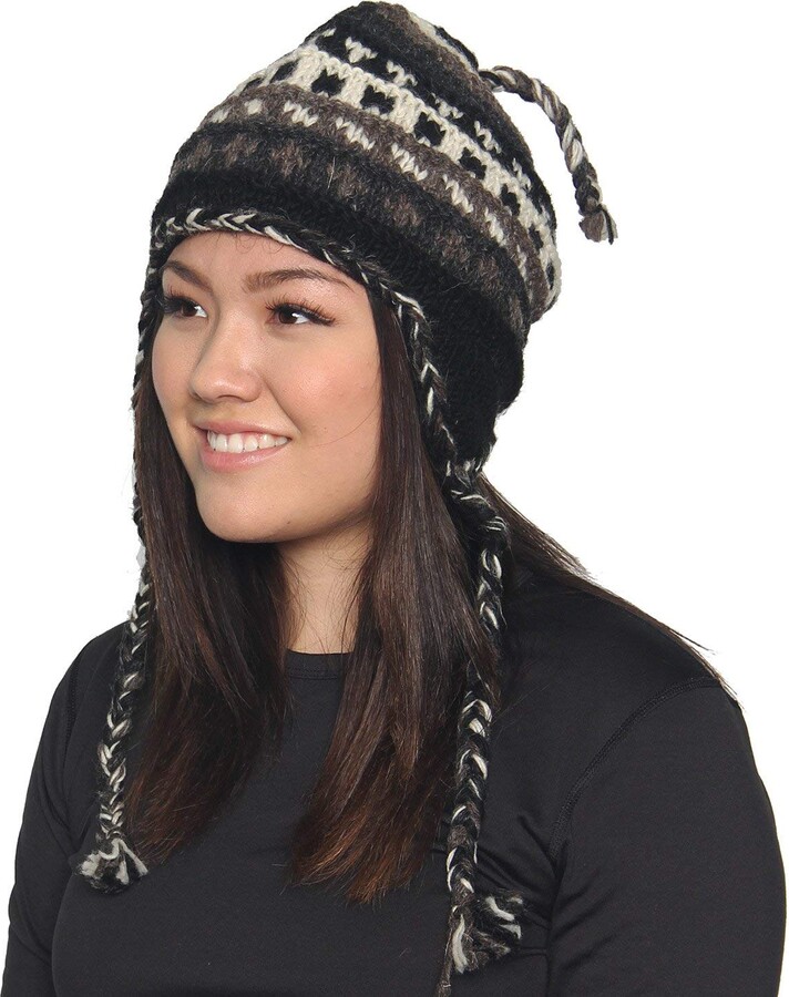 Wool Hand Knit Unisex Fleece Lined Ear Flap Beanie Cap Hat Nepal 