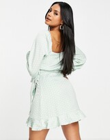 Thumbnail for your product : NA-KD spot print balloon sleeve mini dress in dusty green