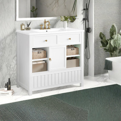 Ebern Designs Elegant Modern Vanity With Sink, White Wood Mdf, Ideal Bathroom Storage