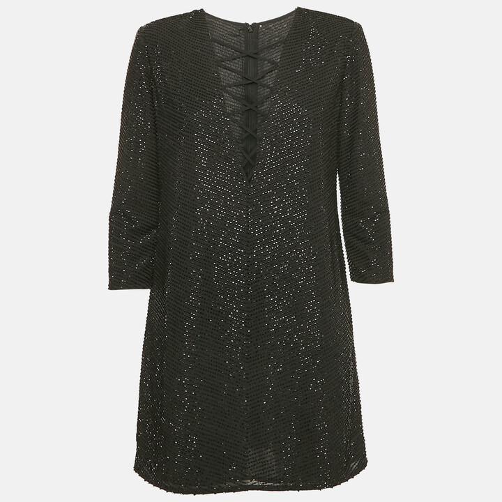 Elisabetta Franchi Black Beaded Chiffon Lace-Up Mini Dress L
