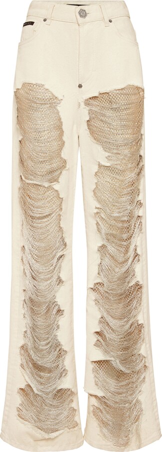 Philipp Plein Mesh Strass Denim Trousers Skater Fit Ripped